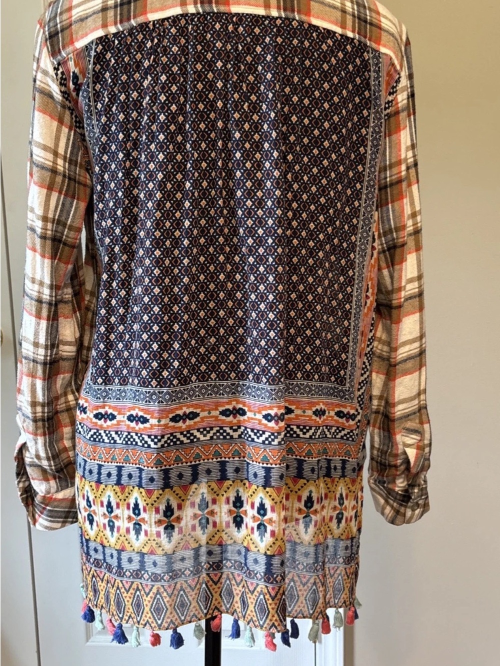 Ivy Jane S Plaid Mixed Media Button Front Shirt Southwestern Tassel Fringe Boho